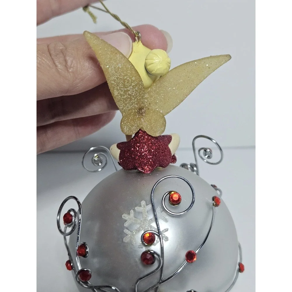 Disney Tinker Bell Sitting on Silver Ball Christmas Ornament Red Glitter 2006